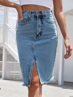 Frenchy High Waist Denim Pencil Skirt with Front Slit